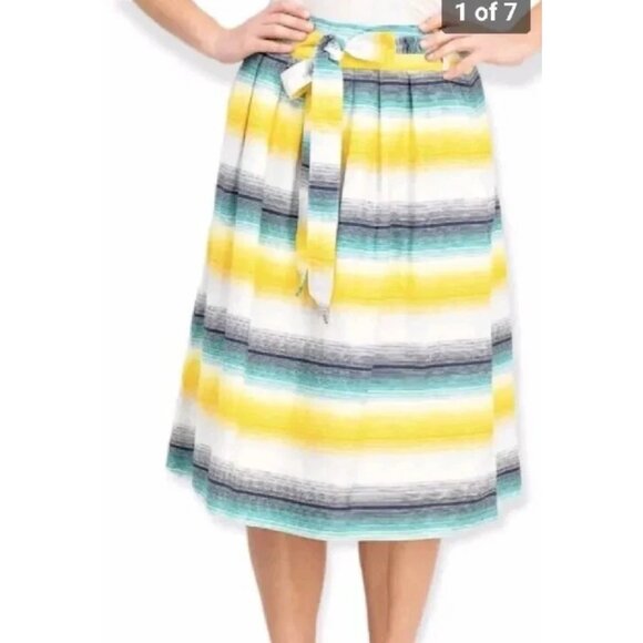 NWT GAP A-Line Skirt Yellow Green Black Striped Belted Pleated Modest Casual 4 - Picture 1 of 13